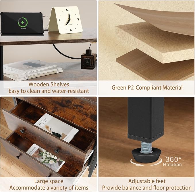 27 inch Wide Night Stand with Charging Station, Bedside Table with Open Shelf - Image 6