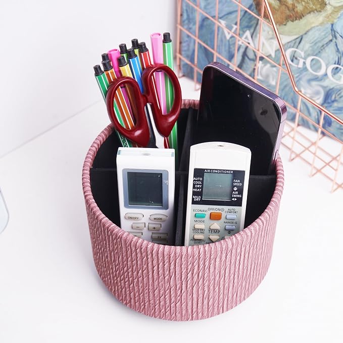 Round Leather Art Supply Organizer, Remote Control Holder, 360 Degree Spinning - Image 6