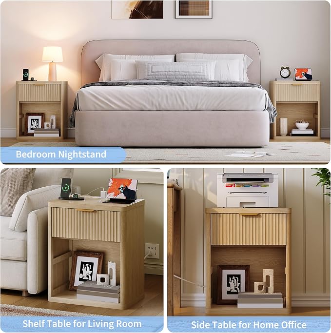 Fluted Nightstand with Charging Station, Bedside Table with Drawers and Open - Image 7