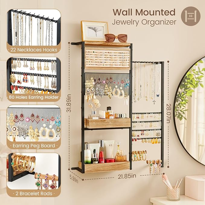 Pinzoveco Hanging Jewelry Organizer Wall Mounted, Large Hanging Jewelry - Image 2