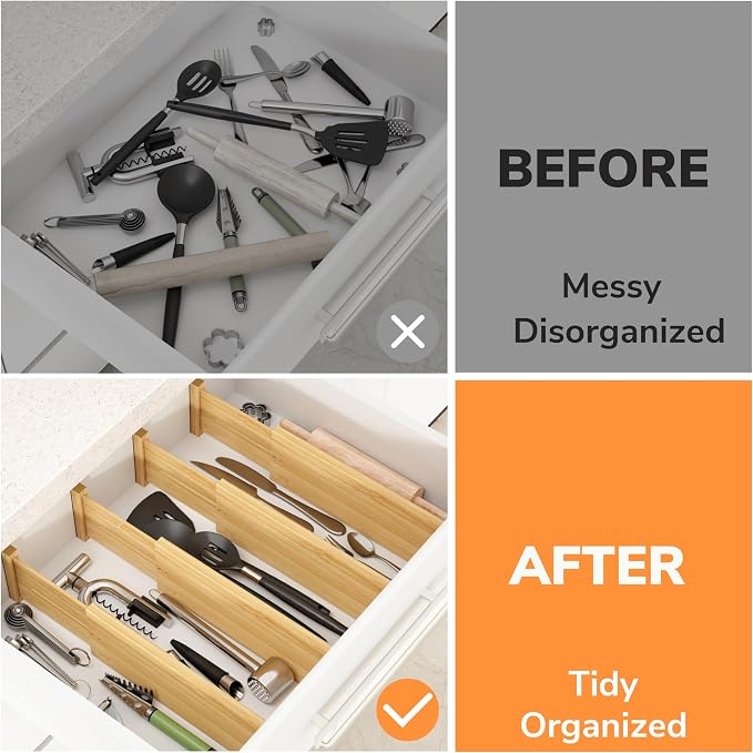BAMEOS 4 PCS Bamboo Drawer Divider Adjustable Drawer Dividers Kitchen Drawer - Image 5
