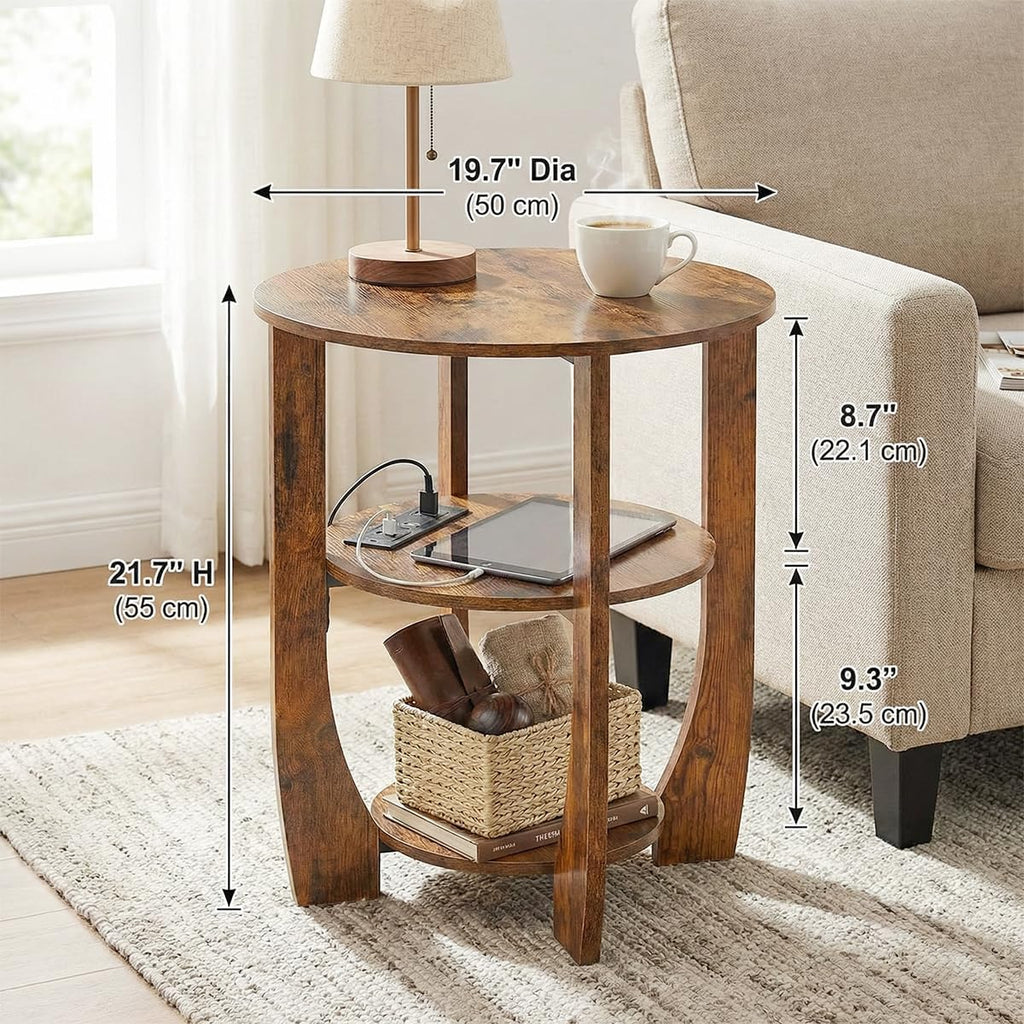 Round Side Table with Charging Station,19.7" D,Rustic Brown
