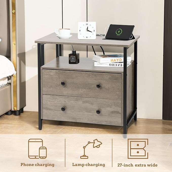 27 inch Wide Night Stand with Charging Station, Bedside Table with Open Shelf - Image 4