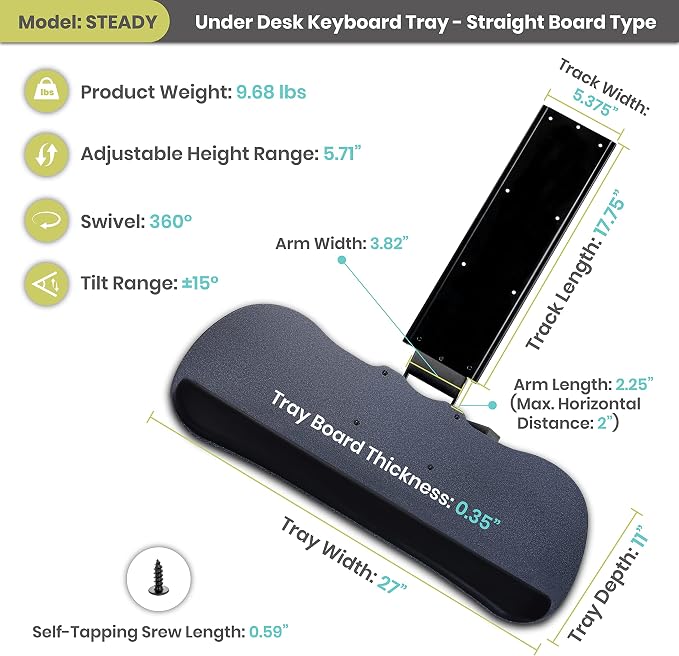 Under Desk Keyboard Tray, 17.75" Track, One Knob Control, Undermount Sliding - Image 2