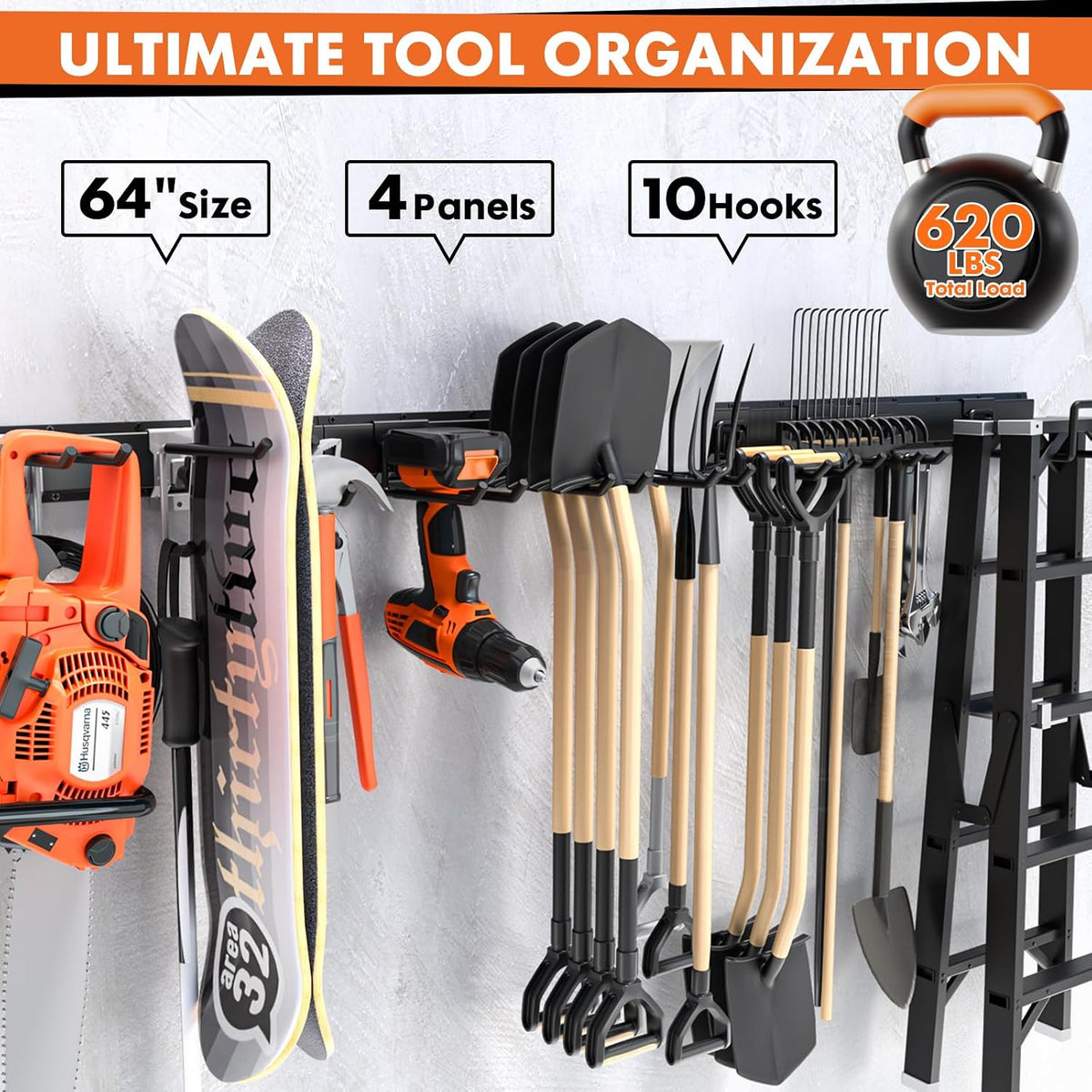 64'' Garage Tool Organizer Wall Mount, 620lbs Heavy Duty Metal Storage