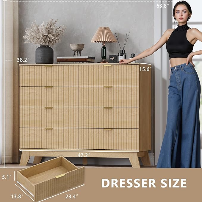 Fluted 8 Drawer Tall Dresser, 47.2" Wide Modern Boho Chest of Drawers, Wooden - Image 2