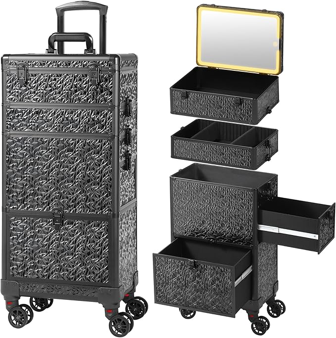 Rolling Makeup Case with Lighted Mirror, Makeup Train Case with Large Drawer by Unknown