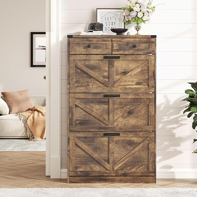 Shoe Cabinet with 3 Flip Drawers & 2 Drawers, Freestanding Shoe Storage Cabinet - Image 7