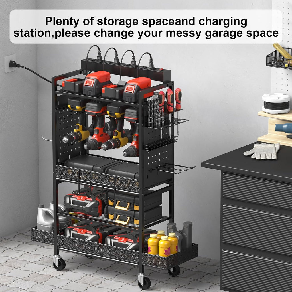 CCCEI Garage Power Tools Organizer Cart with Charging Station, Black
