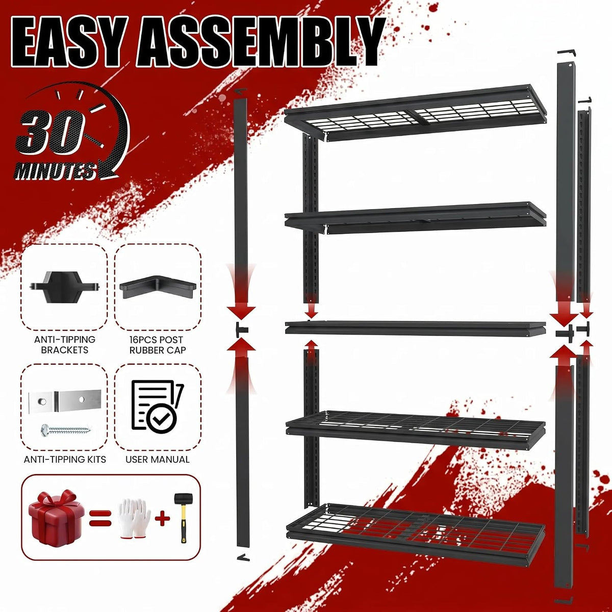 72" H Heavy Duty Garage Shelving, Metal Storage Shelves, 5 Tier
