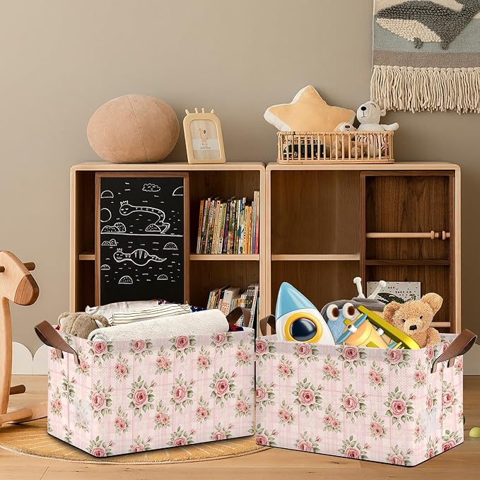 Vintage Pink Rose Storage Baskets, Foldable Large Capacity Organizer Bins - Image 7