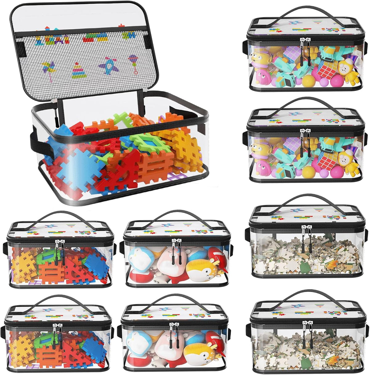 8 Pack Large Clear Toy Storage Bags with Labels, Handles, Zippers