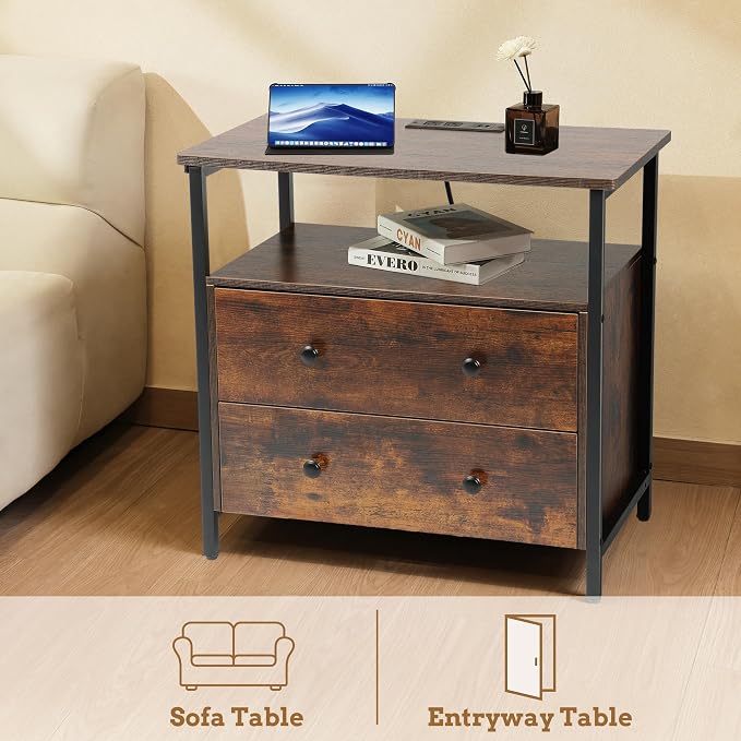 27 inch Wide Night Stand with Charging Station, Bedside Table with Open Shelf - Image 8
