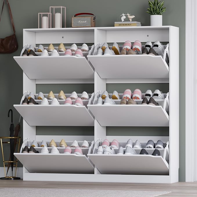 Shoe Cabinet with 6 Flip Drawers, Slim Narrow Shoe Storage Cabinet, - Image 7