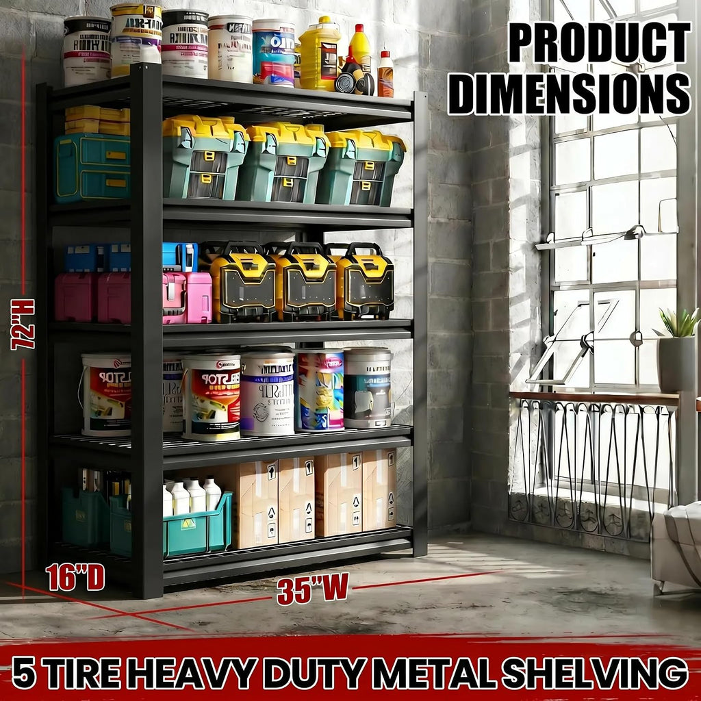 72" H Heavy Duty Garage Shelving, Metal Storage Shelves, 5 Tier
