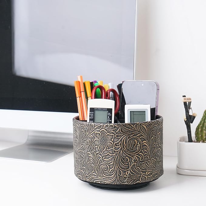 lizimandu Round Leather Art Supply Organizer, Remote Control Holder, 360 Degree - Image 7