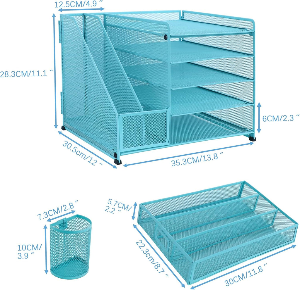 Desk Organiser with 2 Pack Magazine File Holder, 5-Tier Paper Tray