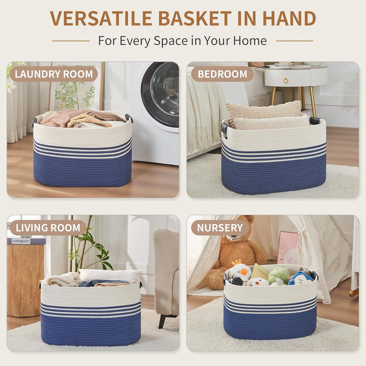 DOFASAYI Laundry Hamper, 72L Cotton Rope Laundry Basket, Dark Blue &