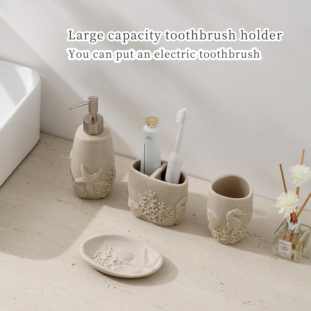Bathroom Accessories Set, 4 PCS, Sea Bathroom Decor, Sandstone Look