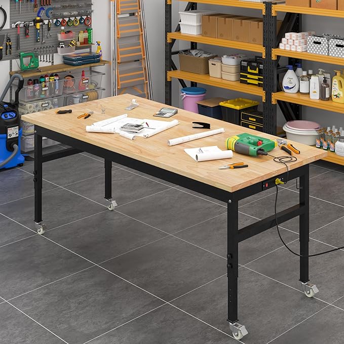 60" Adjustable Work Bench, Rubber Wood Top Workbench Heavy-Duty Work Table - Image 6