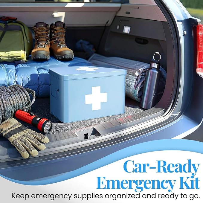 Flexzion First Aid Box Organizer Empty 13" Blue Vintage First Aid Kit Tin Metal - Image 9
