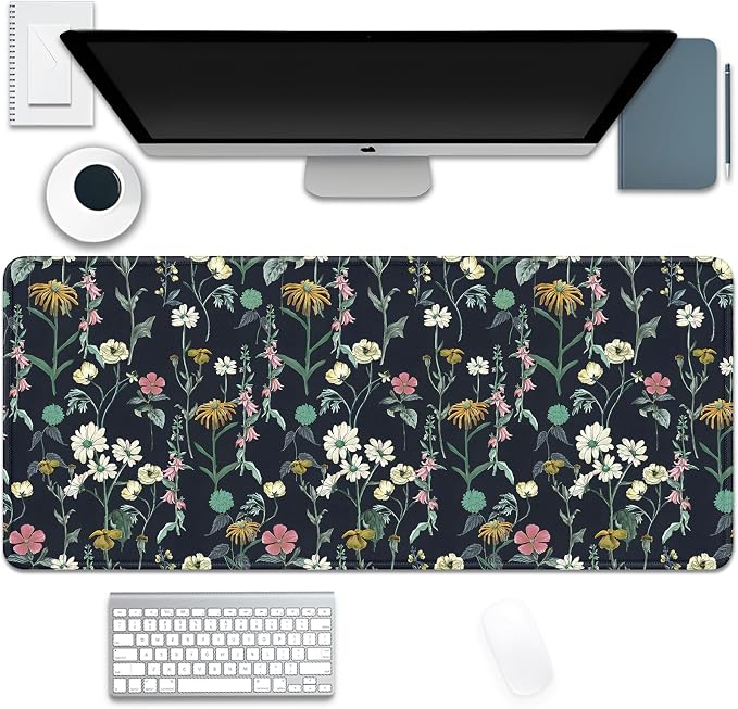 Dark Botanical Flowers Mouse Pad, Extended Black Plant Floral Mousepad Desk Pad by Unknown
