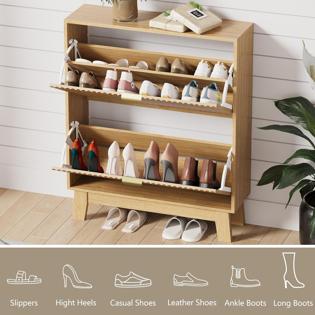 Shoe Cabinet Storage for Entryway with 2 Flip Drawers, Fluted Narrow