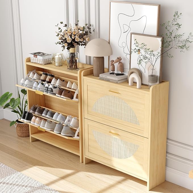 Rattan Shoe Cabinet with 2 Flip Drawers, Natural Wood Shoe Storage Cabinet - Image 6