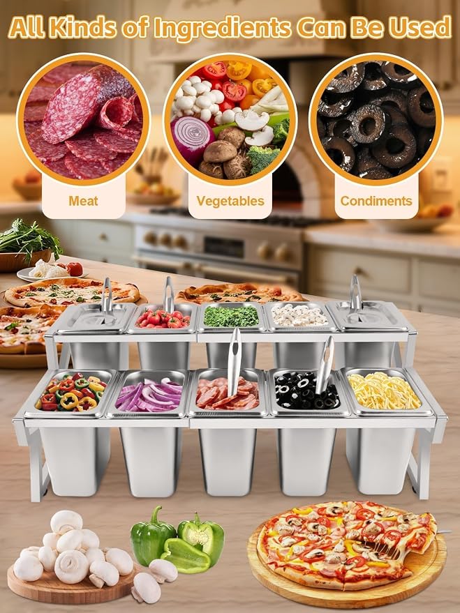 Kalolary 10 Pans Pizza Topping Storage Station, 2 Row Adjustable Stainless - Image 6