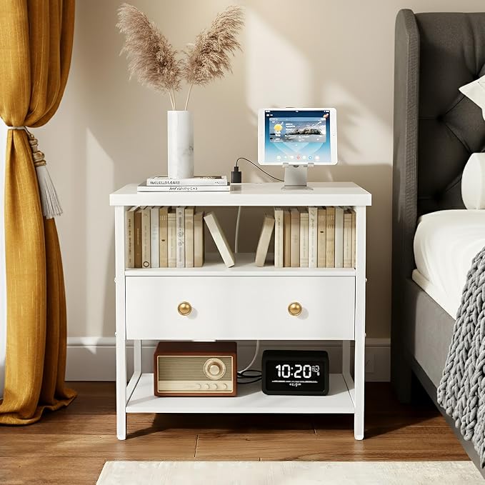 27 Inch Wide Night Stand with Charging Station, Wood Nightstand with Open Shelf - Image 8