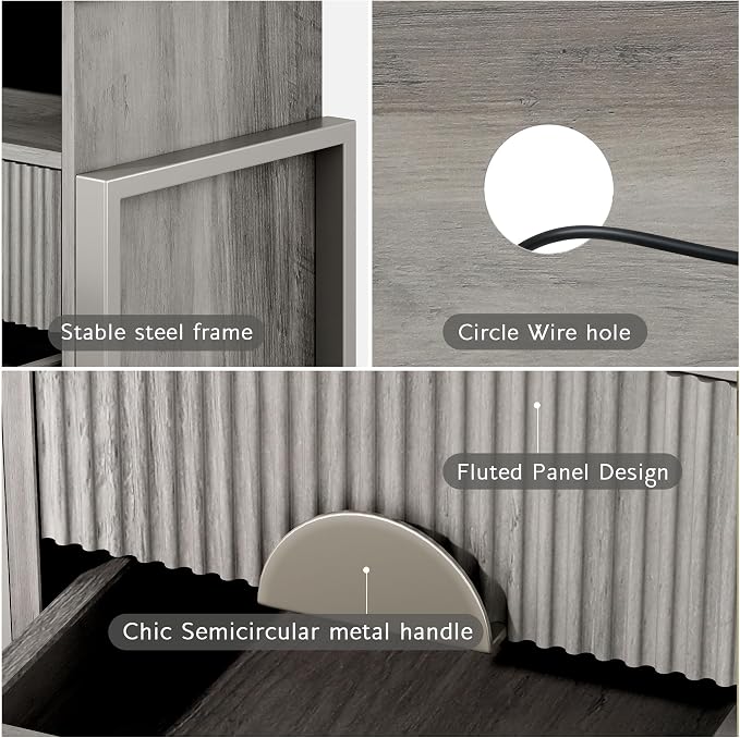 Fluted Nightstand with Charger Station Strip Lights, Large Accent Bed Side - Image 8