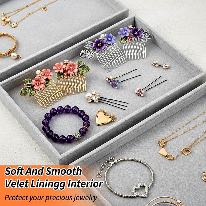 4 Pack Gray Velvet Stackable Jewelry Tray Showcase Display - Image 5