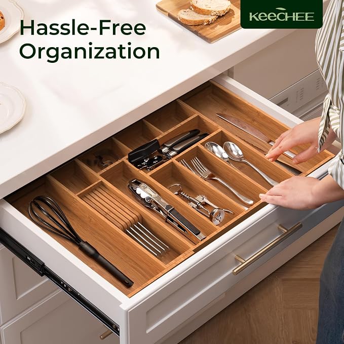 Carbonized Large Bamboo Kitchen Drawer Organizer, 12 Slots Expandable - Image 9