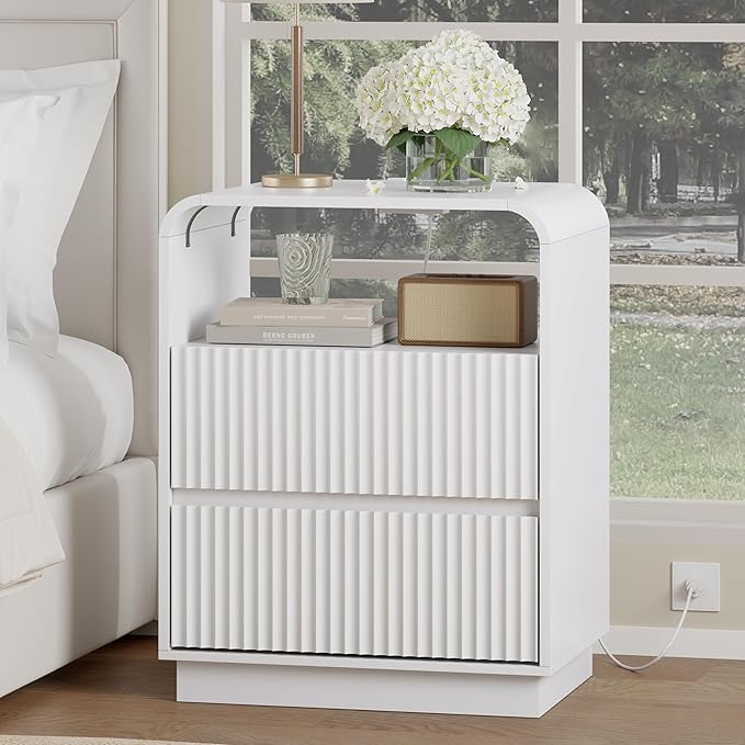 White Nightstand with Charging Station, Mid Century Modern Bedside Table & End by WODEER