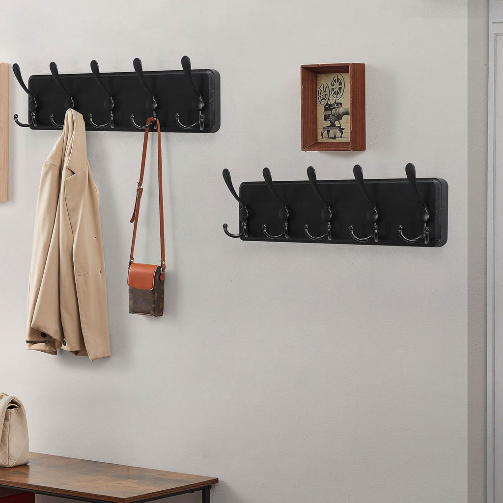Coat Rack Wall Mounted - 5 Tri Hooks, Heavy Duty, Wooden Wall Coat