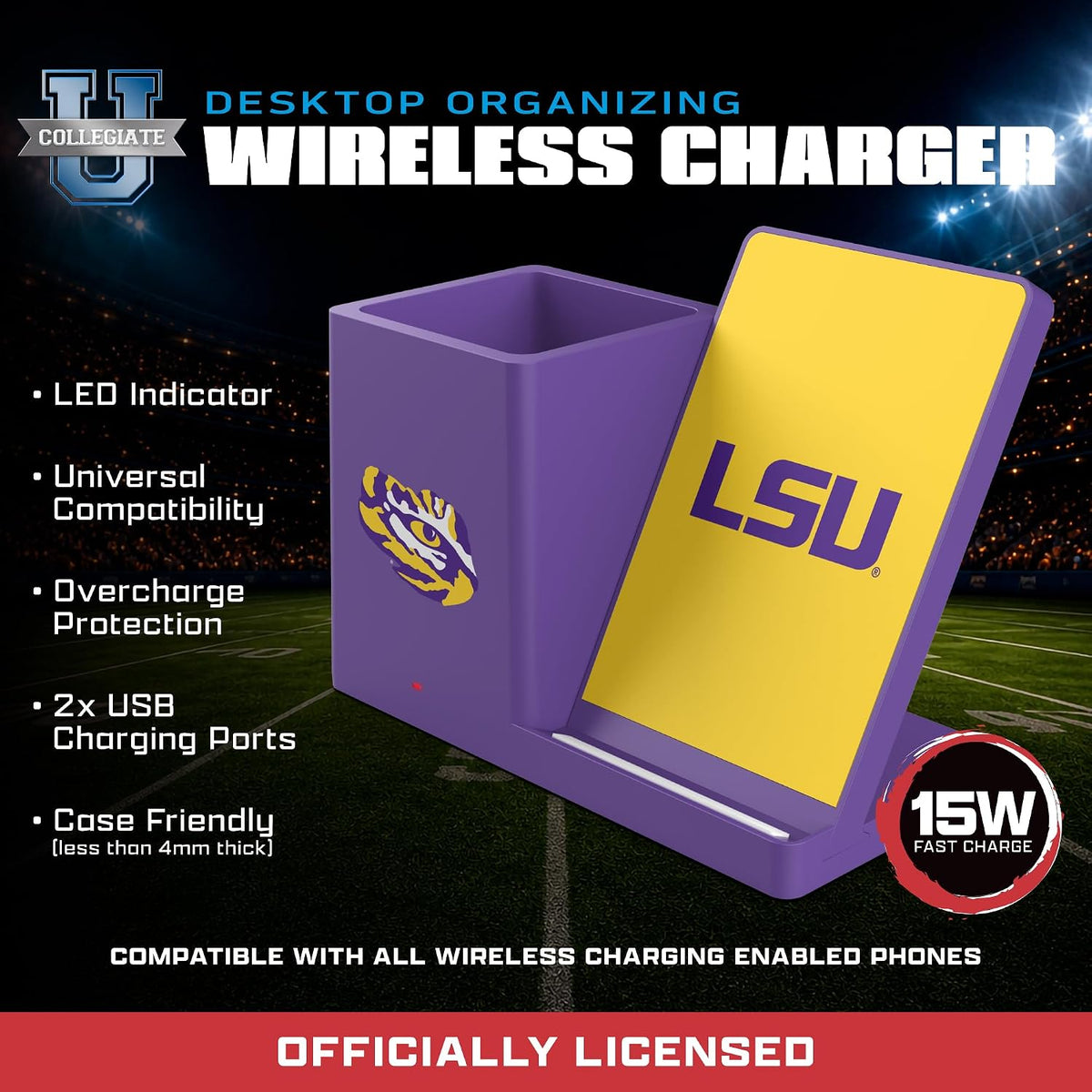 SOAR NCAA Unisex Wireless Charging Stand with Desktop Organizer