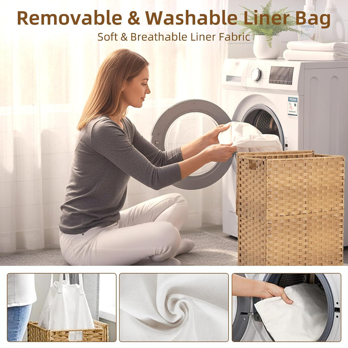 Woven Laundry Hamper with Lid, Large Rattan Clothes Hamper with