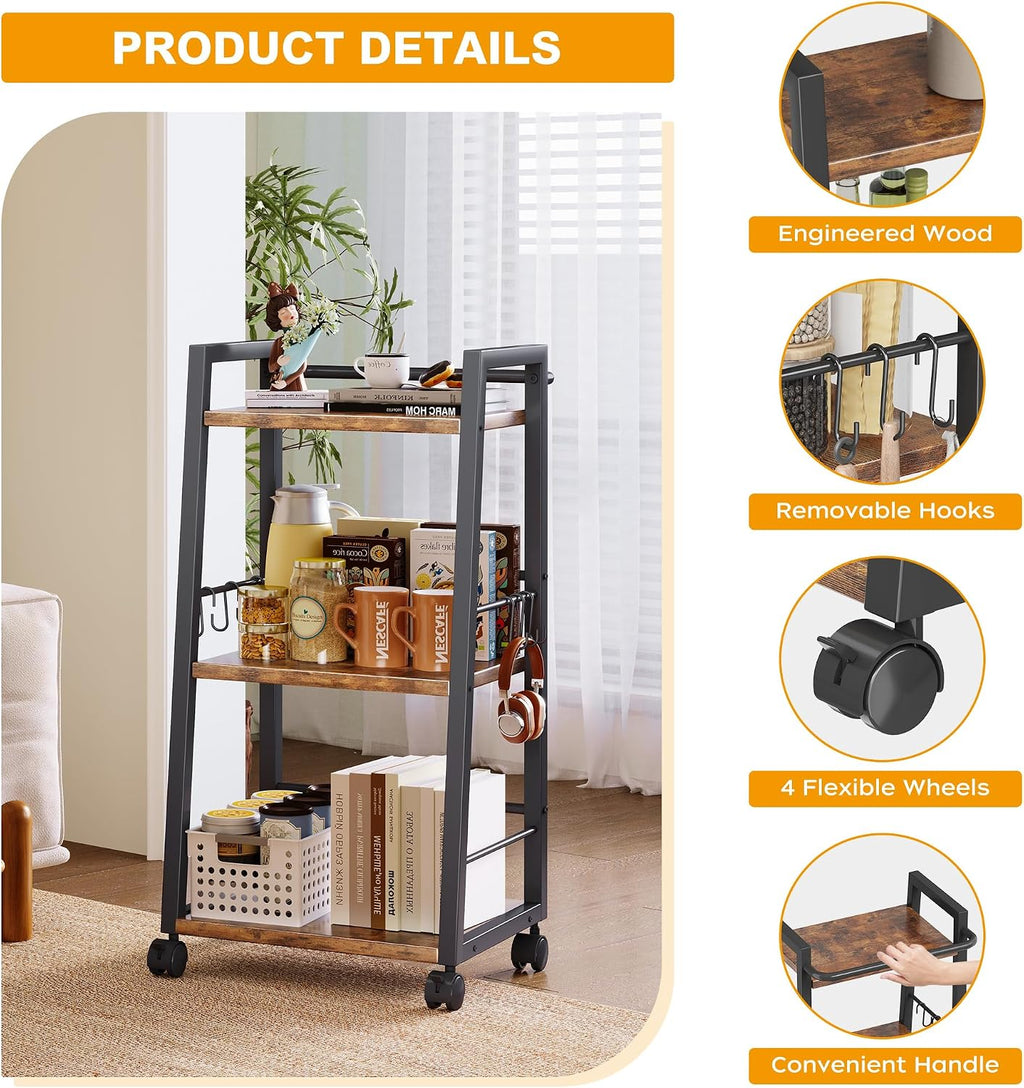 Homeiju 3 Tier Kitchen Storage Cart with Lockable Wheels & 6 Hooks