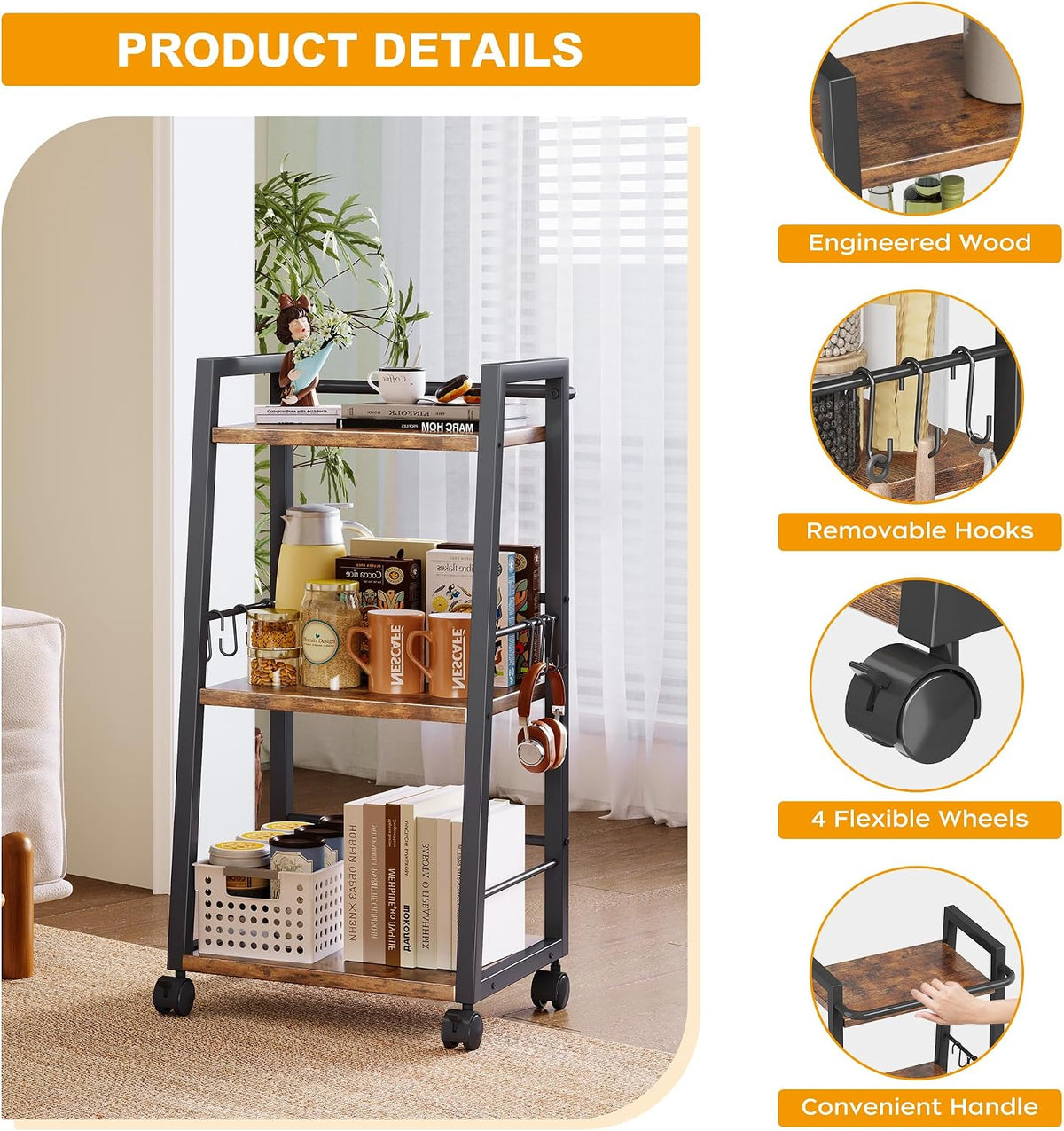 Homeiju 3 Tier Kitchen Storage Cart with Lockable Wheels & 6 Hooks