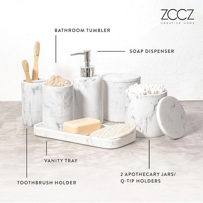 ZCCZ White Marble Bathroom Accessories Set 6 Pieces - Image 3