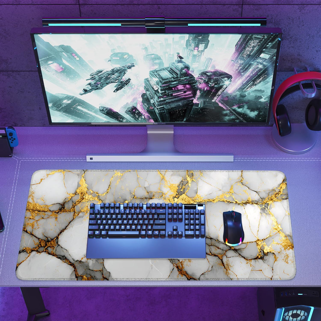 White Marble Mouse Pad – Large Extended Desk Mat 35.43 x 15.75 in