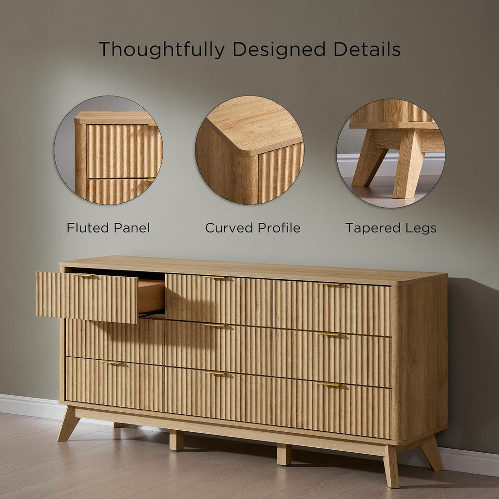 T4TREAM 63" Wide Fluted 9 Drawer Dresser for Bedroom, Natural Oak