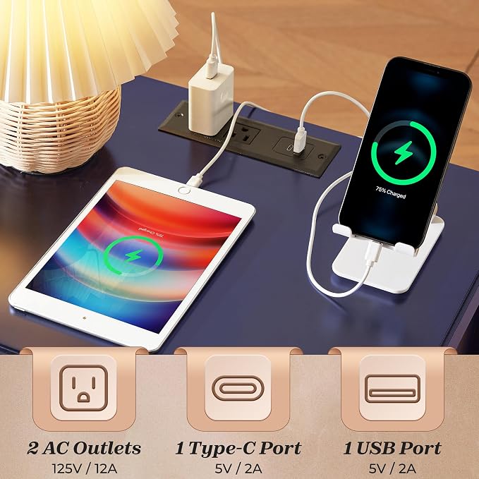 Huuger Nightstand with Charging Station, Bed Side Table - Image 3