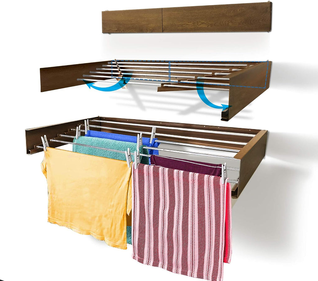 Step Up Laundry Drying Rack (40-INCH Wide - Wood-Look), Wall Mounted