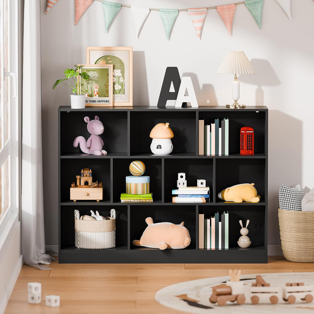 Black Bookshelf, 3-Tier Open Shelf Bookcase, 10 Cube Storage Organizer