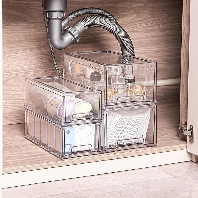 2 Pack Stackable Pull-Out Storage Drawers，Plastic Clear Organizer Bins - Image 2