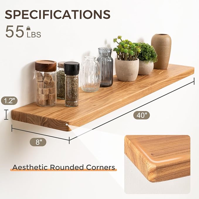Floating Shelves 40"W x 8"D, Solid Elm Wood Shelves - Image 3