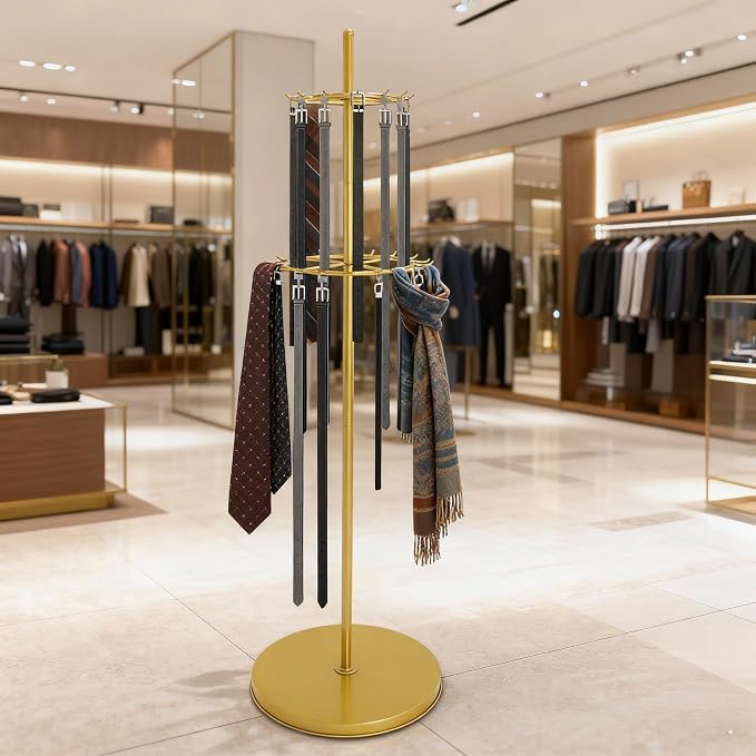 Gold Belt Display Scarf &Ties Rack Stand, 360° Rotation Floor Mounted Belt - Image 8