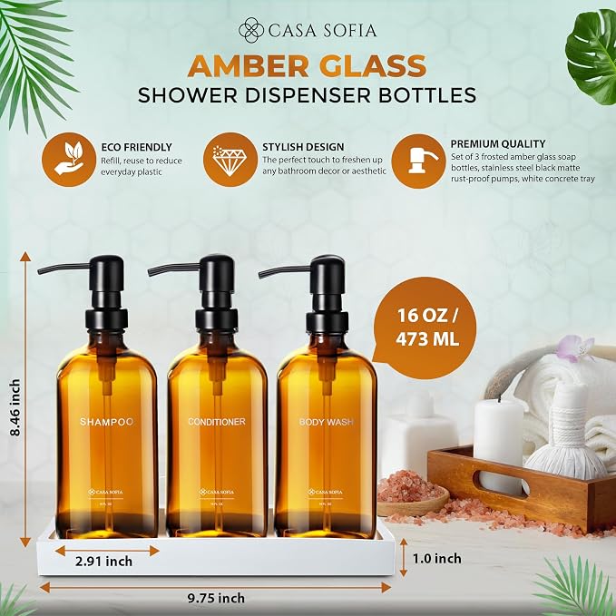 Amber Glass Shampoo and Conditioner Dispenser Set – Refillable 16 OZ Bottles - Image 3