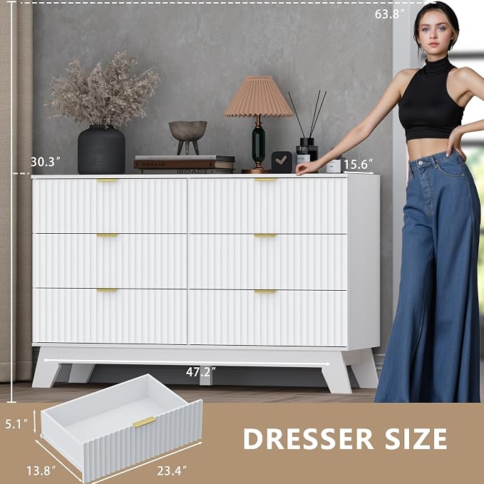 Fluted 6 Drawer Dresser, 47.2" Wide Modern Boho Chest of Drawers, Wooden - Image 2